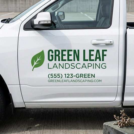 Professional custom vinyl logo decals applied to a fleet of white commercial pickup trucks for small business branding.