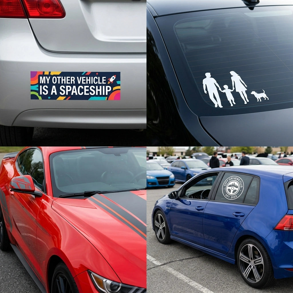 A four-panel collage showing different custom car sticker applications: Bumper Stickers with funny text, Custom Window Decals for families, Racing Stripes on a red car, and a Car Club Logo decal.