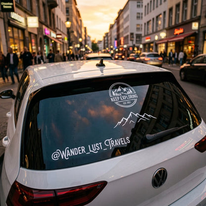 A close-up of a sleek white hatchback rear window featuring several trendy custom vinyl decals, including a wave icon and a "Keep Exploring" slogan.