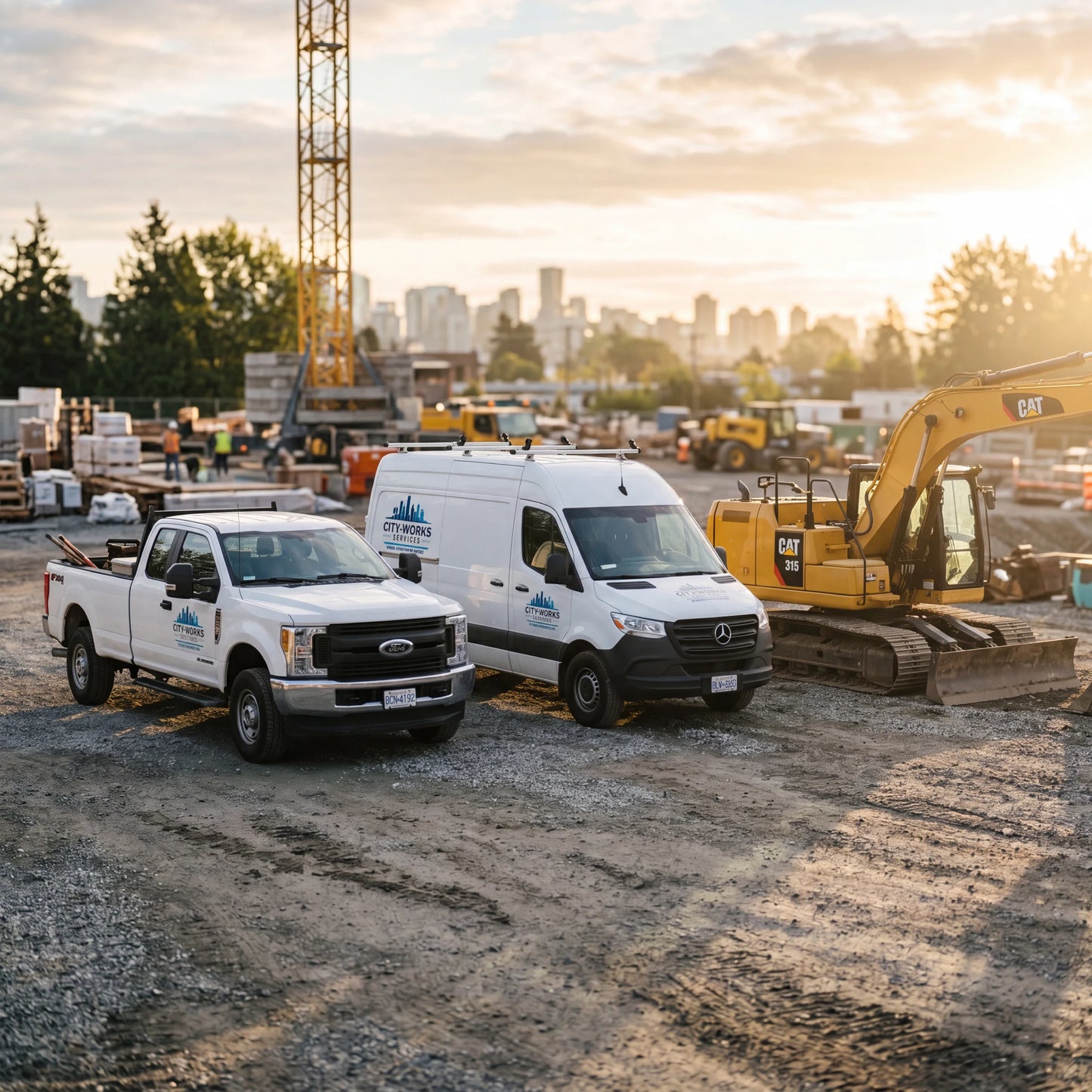 Custom vinyl branding decals applied on a commercial vehicle fleet at a construction site, featuring a white pickup truck and van with blue "CITY WORKS SERVICES" logos next to a yellow CAT excavator.