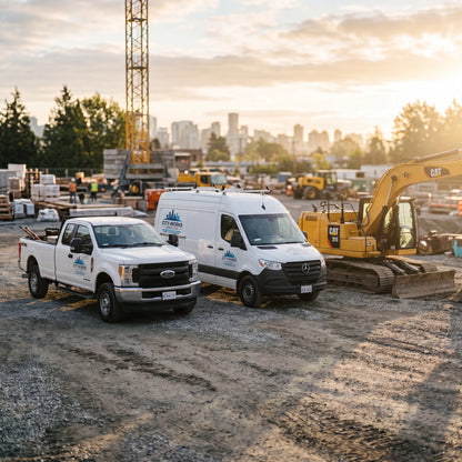 Custom vinyl branding decals applied on a commercial vehicle fleet at a construction site, featuring a white pickup truck and van with blue "CITY WORKS SERVICES" logos next to a yellow CAT excavator.