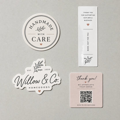 Assortment of custom box stickers in round, die-cut, and rectangle box seal shapes