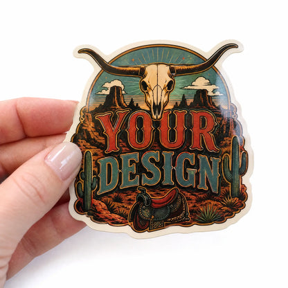 A close-up of a hand holding a custom die-cut glossy vinyl sticker with vibrant retro design on a pure white background