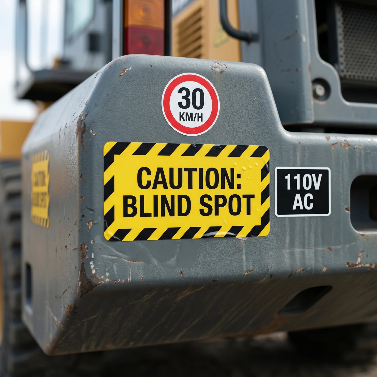Custom vinyl safety stickers applied on heavy construction equipment, featuring a yellow "CAUTION: BLIND SPOT" warning decal, a "30 KM/H" speed limit sign, and a "110V AC" label on a weathered industrial vehicle.