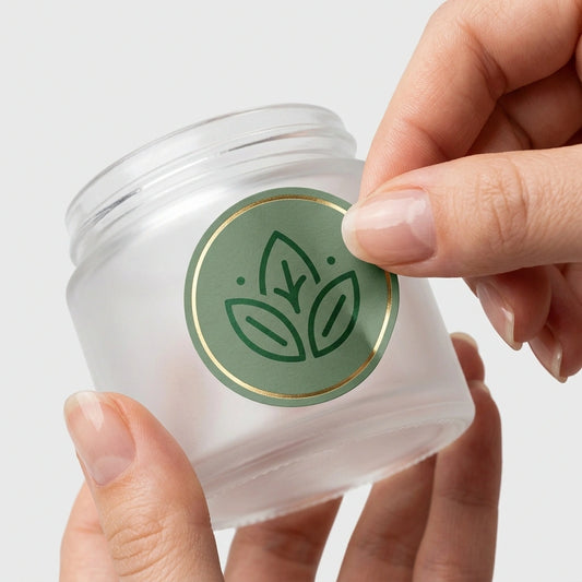 A delicate close-up showing a hand with a manicured nail applying a premium matte custom round sticker with a gold foil botanical logo onto a frosted glass cosmetic jar.