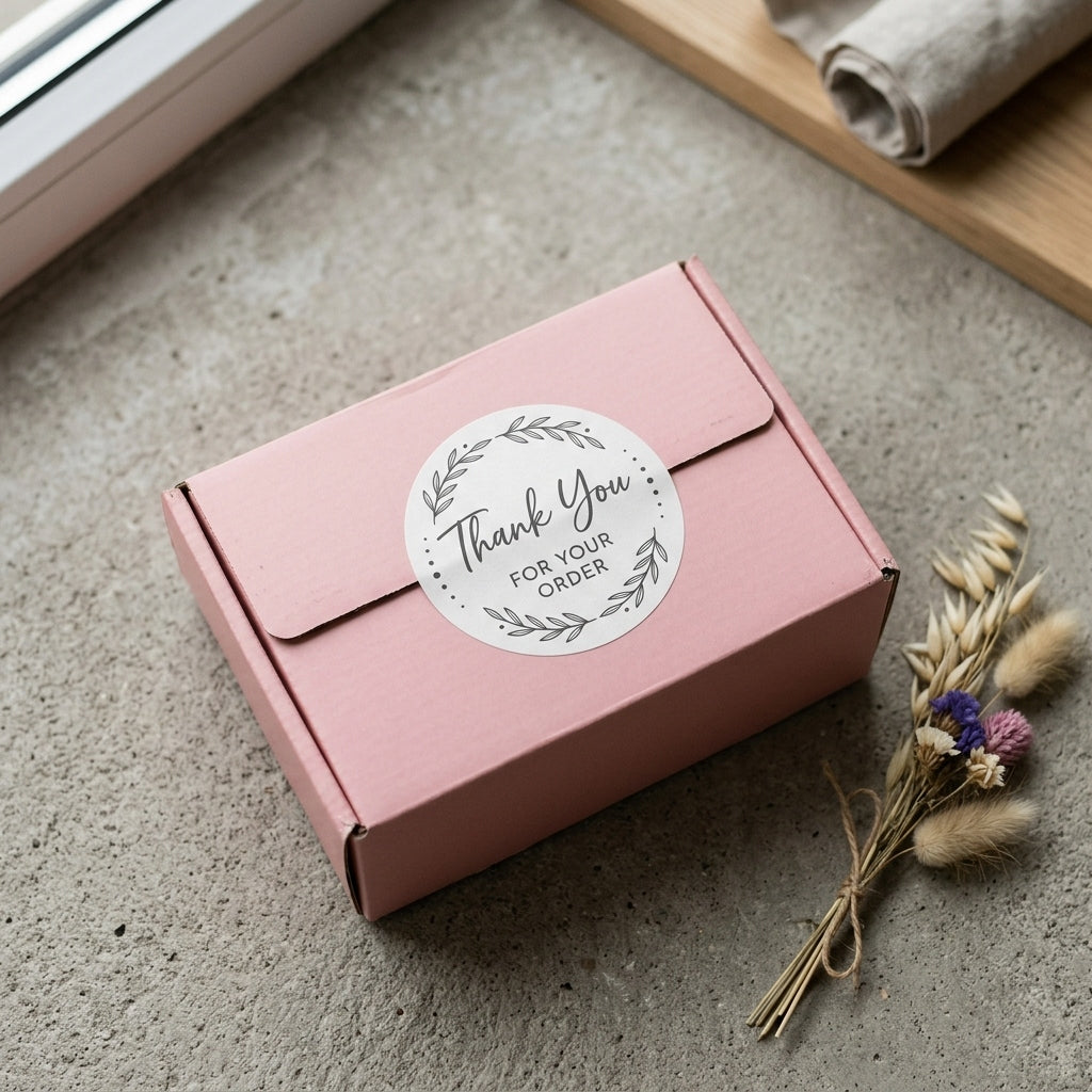 Custom matte white vinyl thank you sticker on a pastel pink shipping box, premium branding for boutique ecommerce shops.