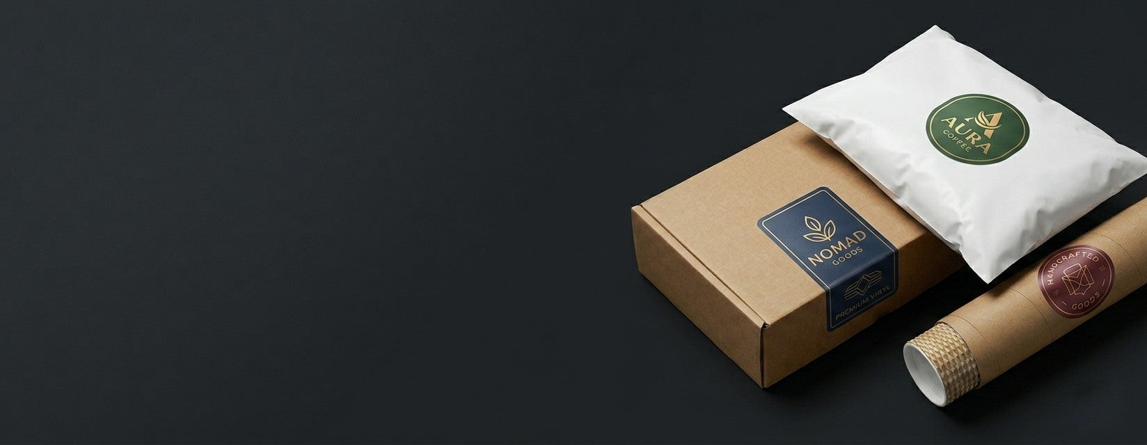 Okaystickers Premium custom vinyl stickers applied on minimalist shipping box, white mailer bag, and paper tube, professional commercial packaging photography with dark elegant background.