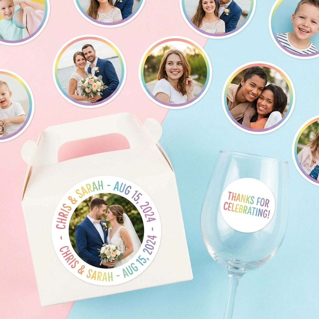 Circular personalized photo stickers for wedding favors on gift boxes and glasses, featuring HD couple photography and vibrant colors.