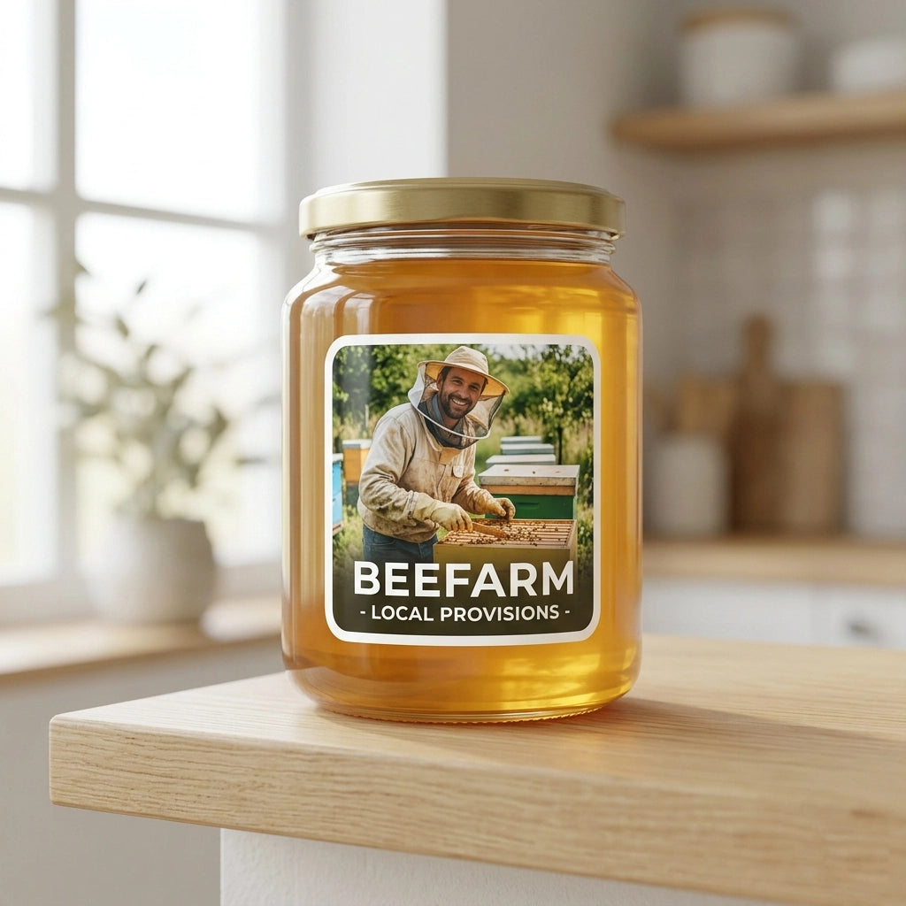 High-definition custom vinyl photo sticker of a bee farmer on a honey jar, showcasing professional product branding for small businesses.