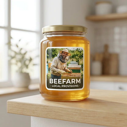 High-definition custom vinyl photo sticker of a bee farmer on a honey jar, showcasing professional product branding for small businesses.