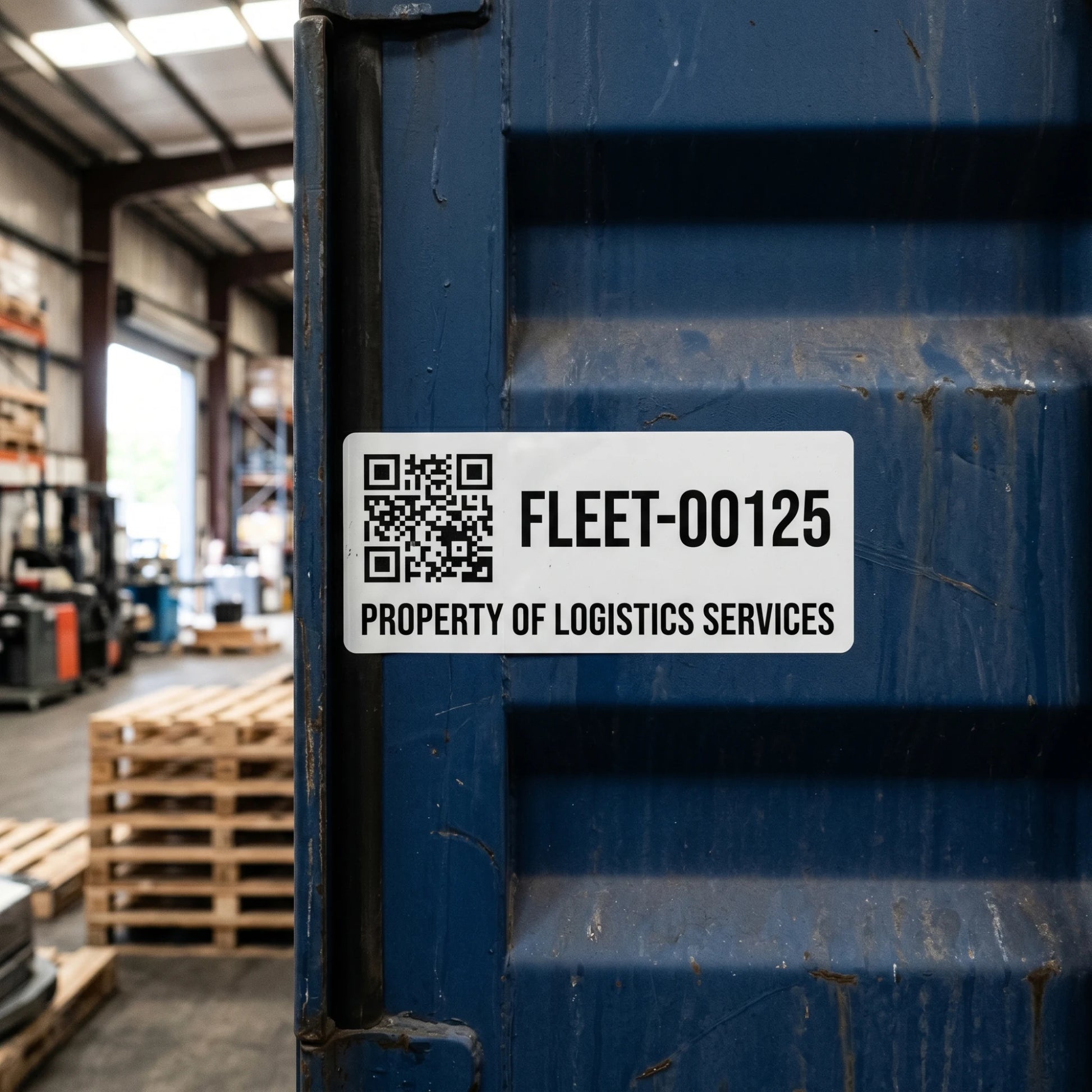 Custom vinyl asset tracking sticker with a scannable QR code and fleet identification number "FLEET-00125" applied on a blue shipping container in a logistics warehouse.