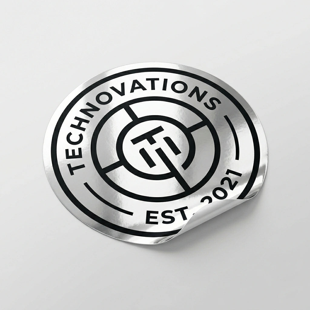 Okaystickers Custom glossy silver metallic vinyl sticker with a sharp mirror-like chrome reflection and easy-peel backing.