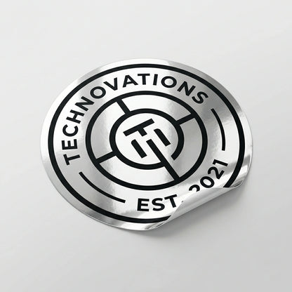 Okaystickers Custom glossy silver metallic vinyl sticker with a sharp mirror-like chrome reflection and easy-peel backing.