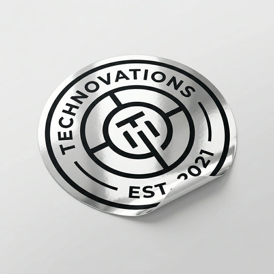 Okaystickers Custom glossy silver metallic vinyl sticker with a sharp mirror-like chrome reflection and easy-peel backing.