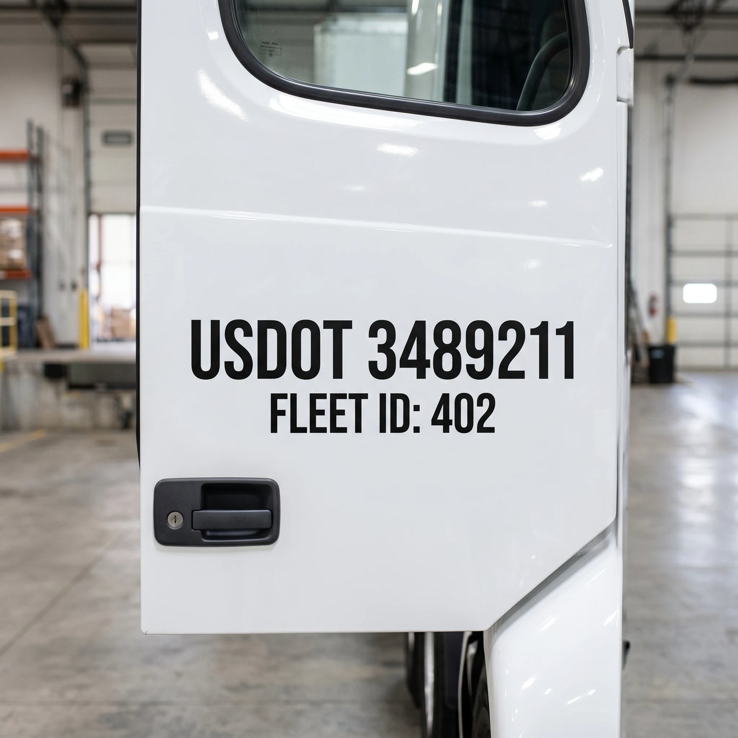 Custom black vinyl USDOT number and fleet ID decals applied to a semi-truck door, showcasing professional die-cut lettering with premium matte finish for commercial fleet vehicles.