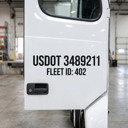 Custom black vinyl USDOT number and fleet ID decals applied to a semi-truck door, showcasing professional die-cut lettering with premium matte finish for commercial fleet vehicles.
