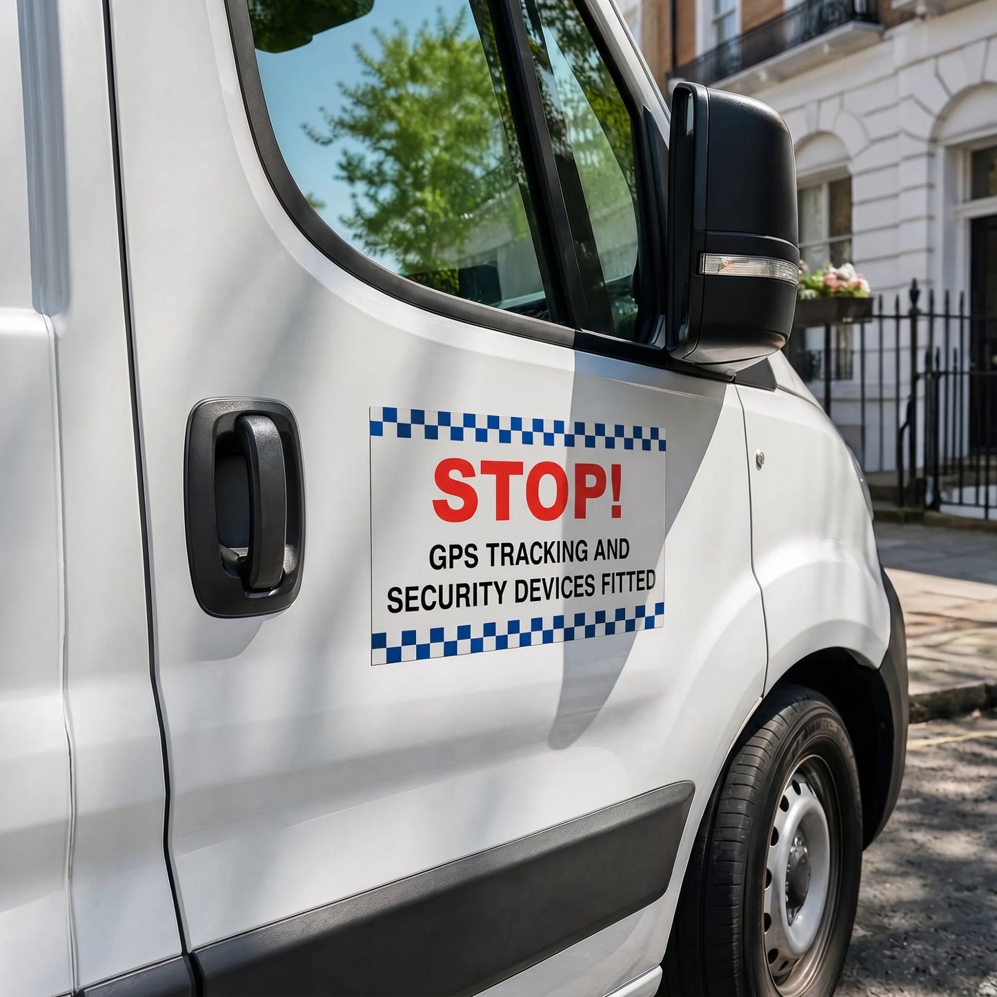 Custom vinyl security sticker applied on the front door of a white commercial van, featuring a bold "STOP! GPS TRACKING AND SECURITY DEVICES FITTED" warning decal with blue checkered borders.