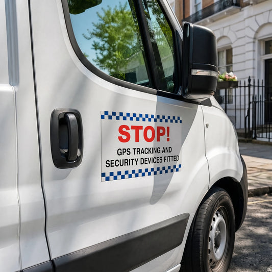 Custom vinyl security sticker applied on the front door of a white commercial van, featuring a bold "STOP! GPS TRACKING AND SECURITY DEVICES FITTED" warning decal with blue checkered borders.