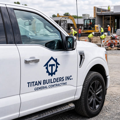 Custom vinyl decal logo sticker for Titan Builders Inc on a white Ford F150 truck door at a construction site