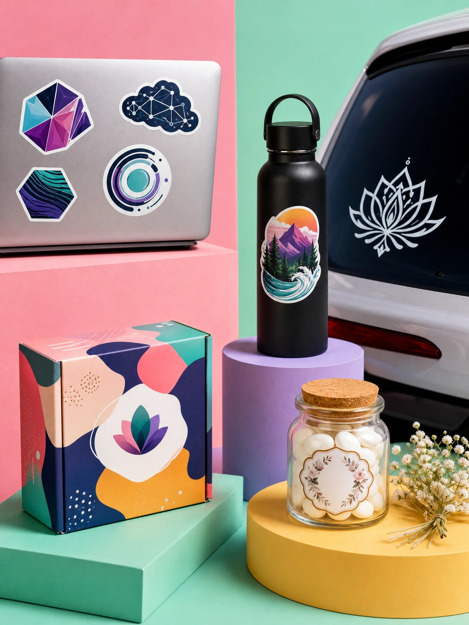 A high-end product display of custom vinyl stickers applied to a silver laptop, matte water bottle, retail packaging box, glass wedding favor jar, and a car window, arranged on modern colorful geometric stages.