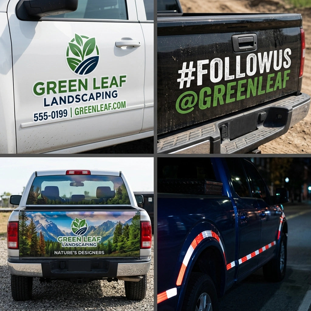 A four-panel collage demonstrating custom vinyl truck decal applications: Business Door Logos, Tailgate Graphics, Perforated Rear Window Advertisements, and Reflective Safety Stickers.