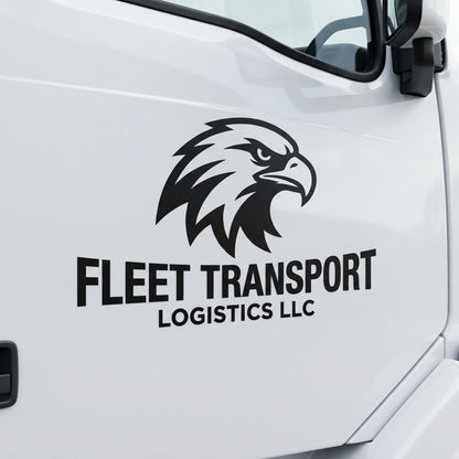 Custom matte black die-cut vinyl decal with personalized text and eagle logo applied to a white truck door, high-quality weather-resistant truck sticker.