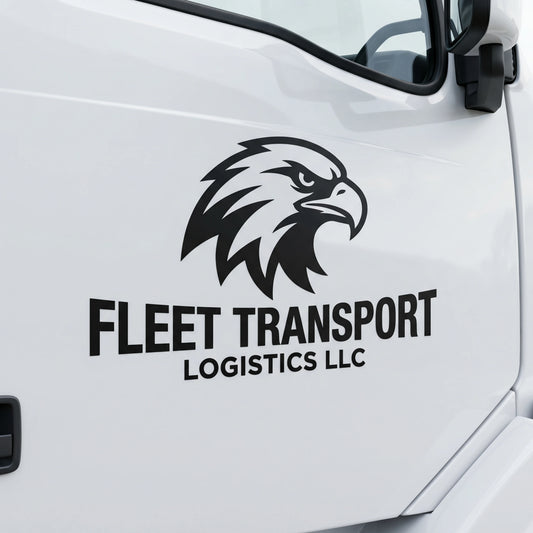 Custom matte black die-cut vinyl decal with personalized text and eagle logo applied to a white truck door, high-quality weather-resistant truck sticker.