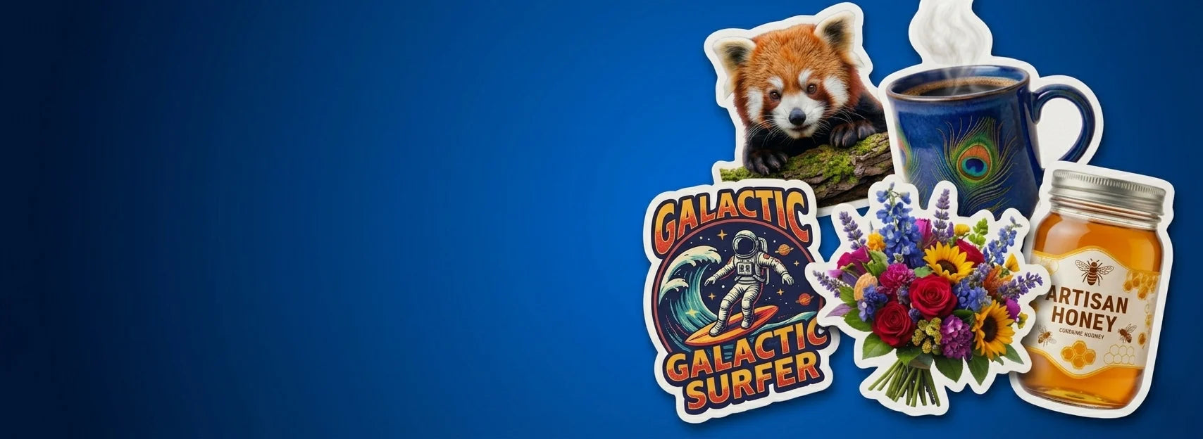 This is a premium collection of vinyl stickers featuring five high-quality designs—including a lifelike red panda, a coffee cup, a bouquet of flowers, a jar of honey, and a "Star Surfer" decal. All stickers are arranged against a blue gradient background, with designated blank spaces reserved for adding text.