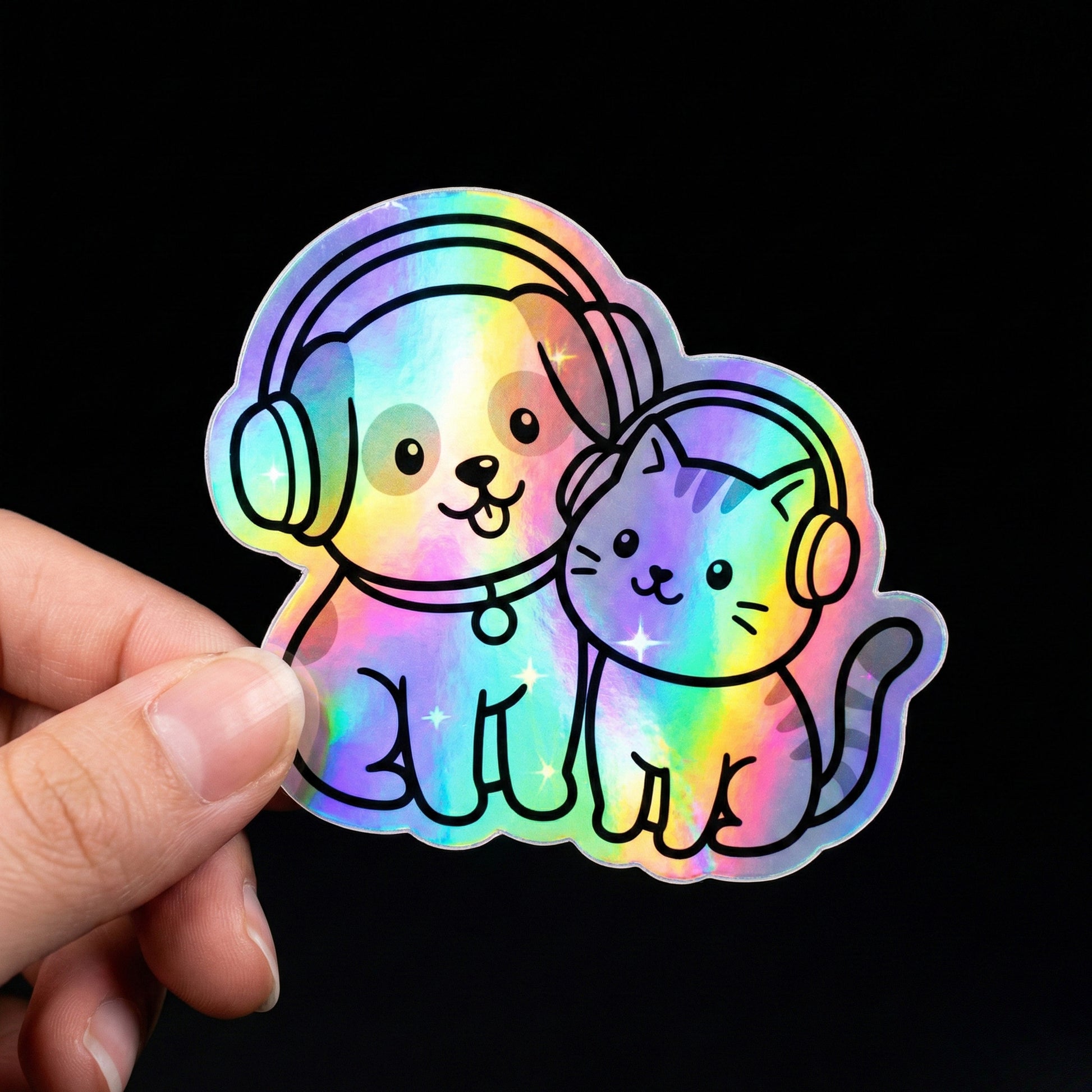 Okaystickers Cute dog and cat holographic sticker with headphones – rainbow reflective vinyl decal