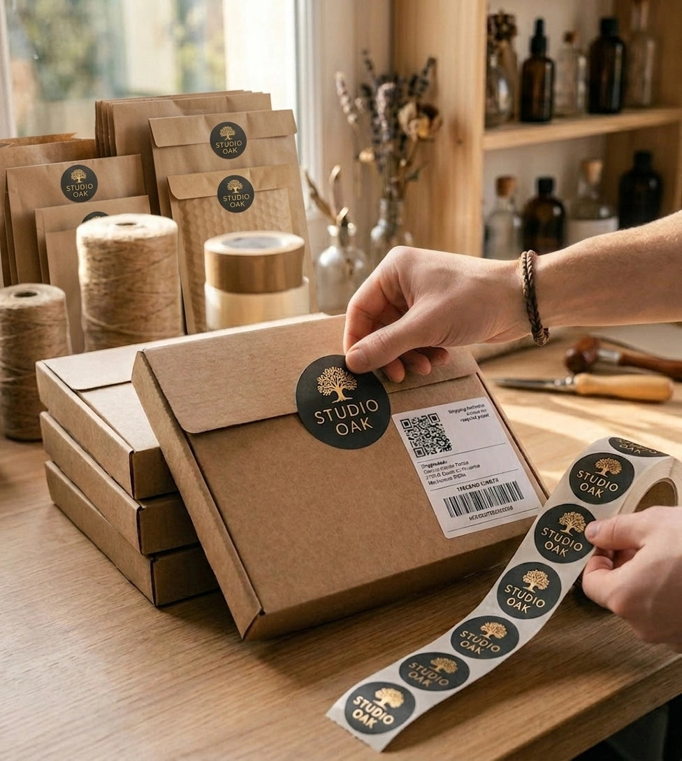 A professional artisan applying a black circular "STUDIO OAK" sticker with a gold tree logo onto a kraft mailer box. The scene features a clean wooden workspace with stacked branded paper bags, twine rolls, and packaging supplies in soft natural light.