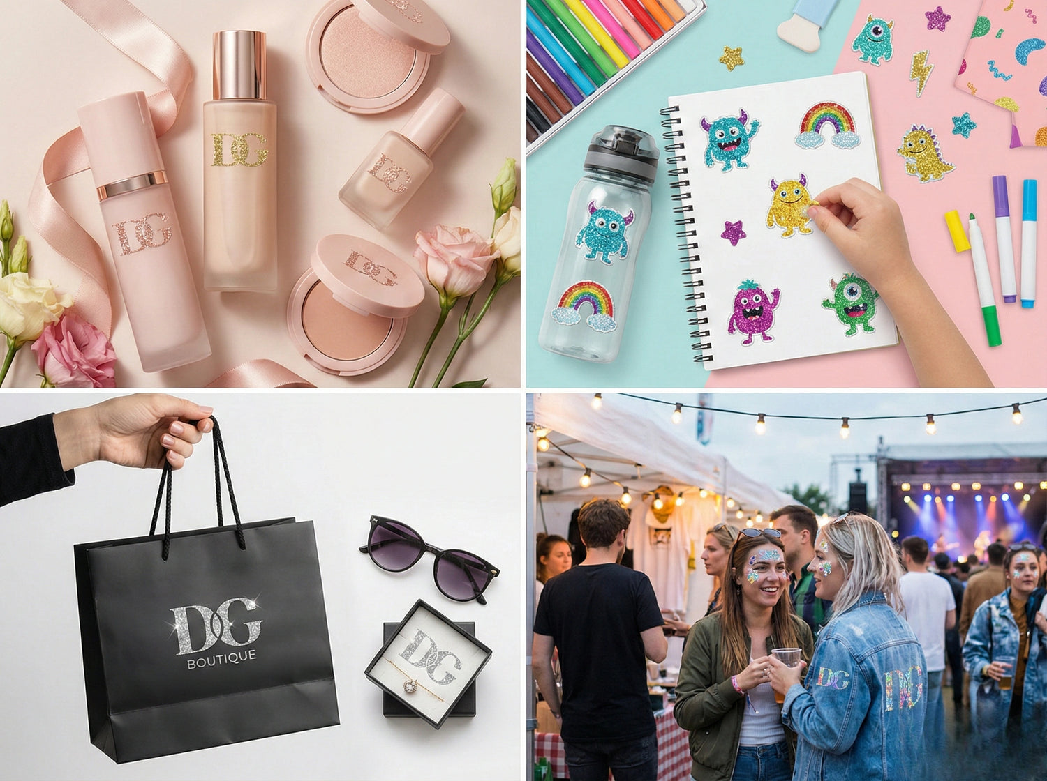 Lifestyle collage showcasing glitter logo stickers used in beauty packaging, kids cartoon designs, fashion shopping bags, and event promotions with visible sparkling texture.