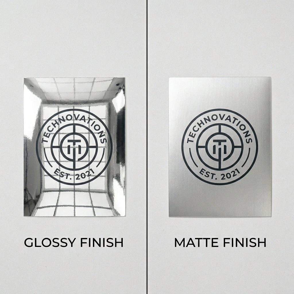 Comparison of glossy finish vs matte finish for silver metallic vinyl stickers showing mirror shine and brushed metal effect.