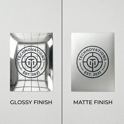 Comparison of glossy finish vs matte finish for silver metallic vinyl stickers showing mirror shine and brushed metal effect.