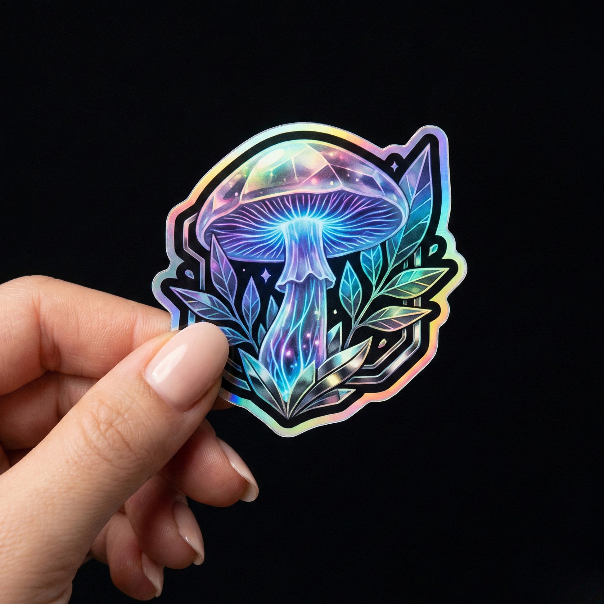 Okaystickers Glowing mushroom holographic sticker with rainbow reflective vinyl finish – fantasy forest aesthetic design