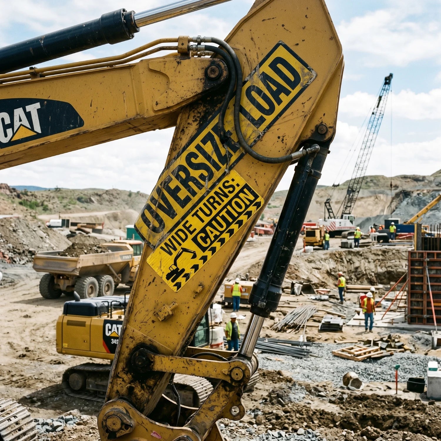 Industrial-grade custom oversize load and wide turn caution vinyl decals applied to a yellow excavator arm, showing durable matte laminate and weather-resistant material for heavy construction equipment.