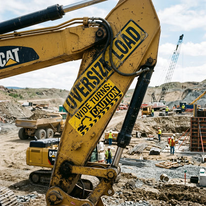 Industrial-grade custom oversize load and wide turn caution vinyl decals applied to a yellow excavator arm, showing durable matte laminate and weather-resistant material for heavy construction equipment.