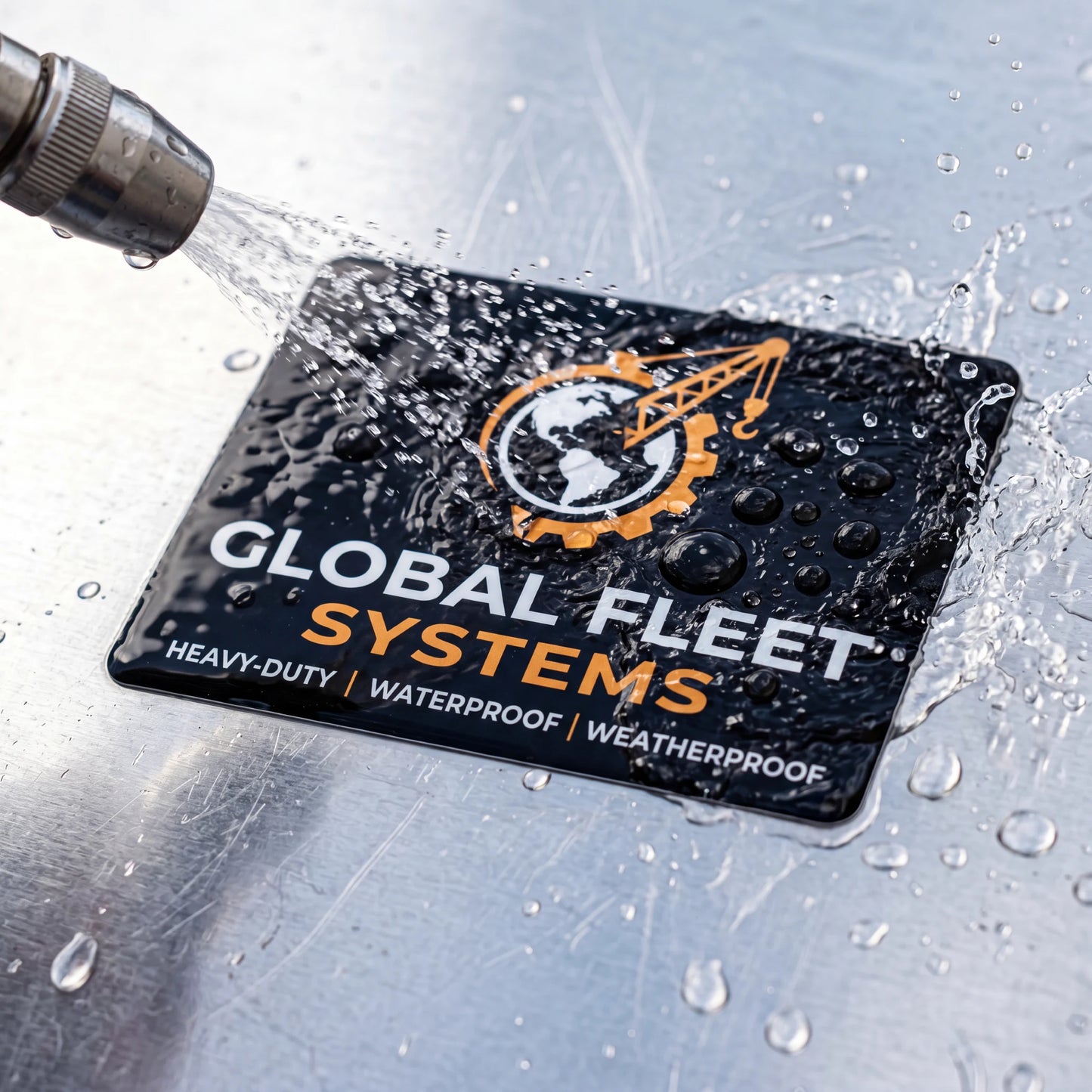 Heavy-duty waterproof vinyl sticker being sprayed with water to demonstrate weather resistance, featuring the "GLOBAL FLEET SYSTEMS" logo on a durable black vehicle decal.