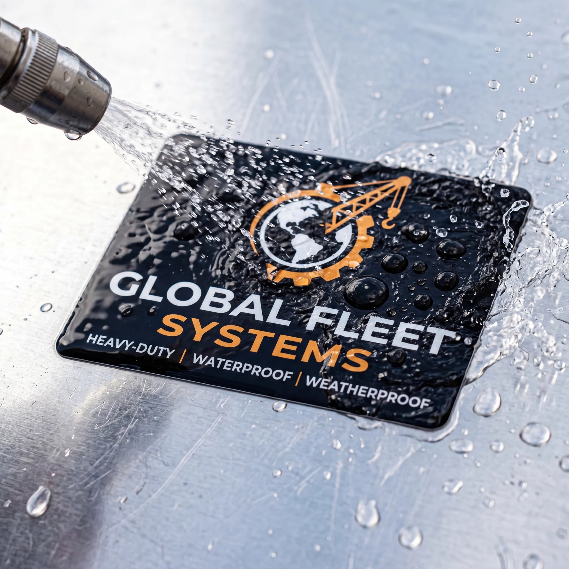 Heavy-duty waterproof vinyl sticker being sprayed with water to demonstrate weather resistance, featuring the "GLOBAL FLEET SYSTEMS" logo on a durable black vehicle decal.