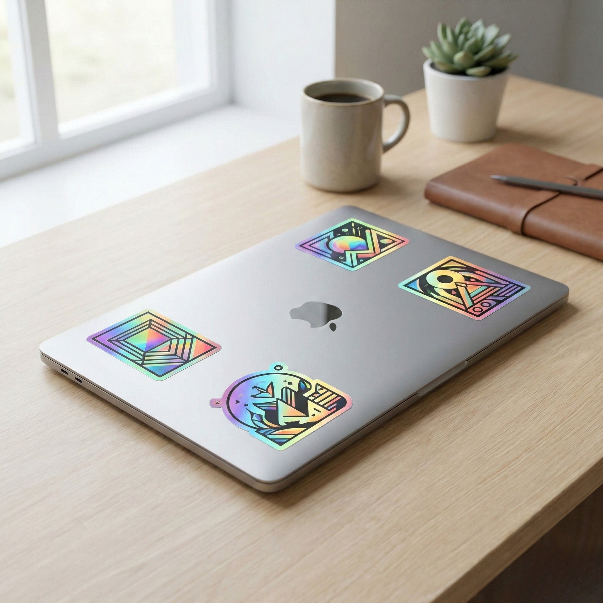 Okaystickers Holographic Stickers on laptop – premium rainbow reflective vinyl decals