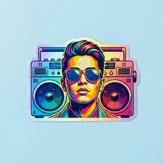 Custom holographic vinyl photo sticker in a retro boombox die-cut shape, featuring vibrant pop art colors and a shimmering rainbow finish.