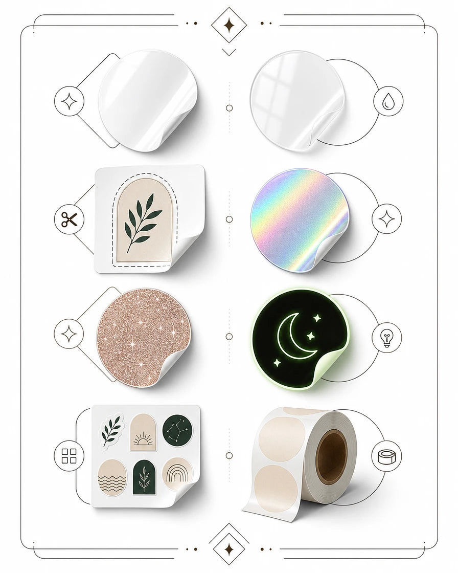 Different custom sticker types including vinyl, clear, kiss cut, holographic, glitter, sticker sheets and roll labels