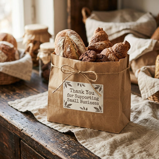 Rectangular vinyl thank you labels for small business on a rustic kraft paper bag, ideal for artisanal bakeries and handmade soap packaging.
