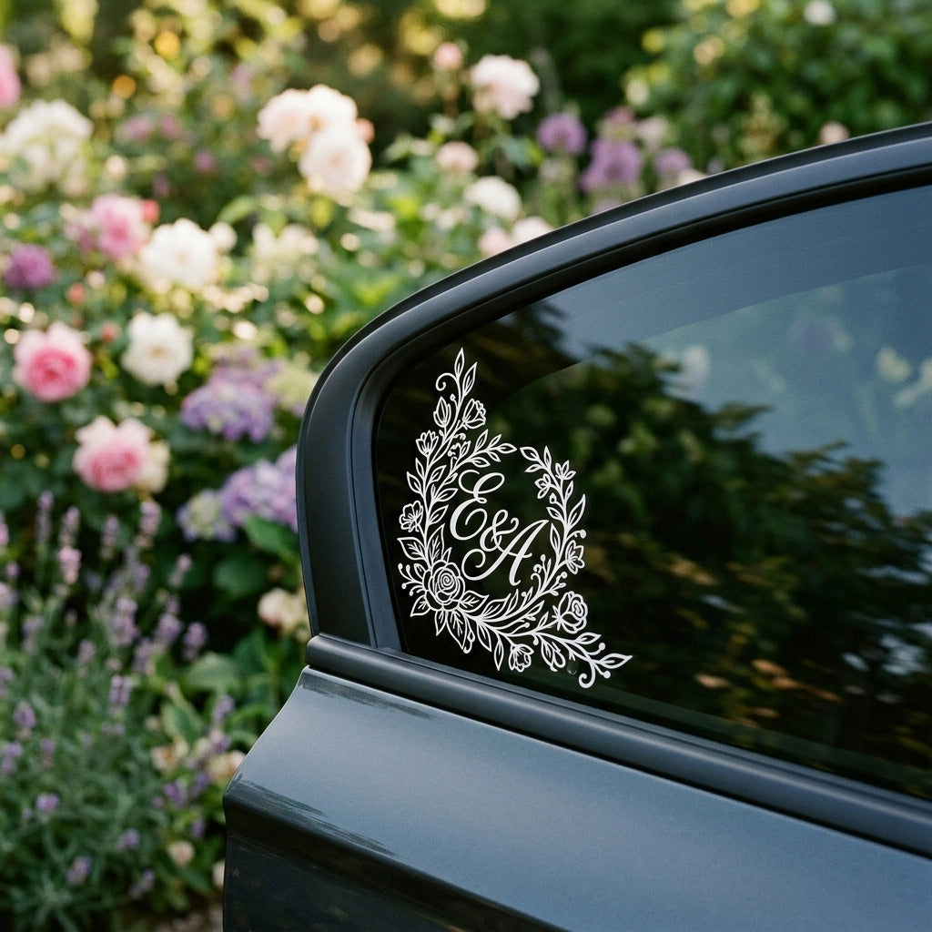 A minimalist white vinyl monogram sticker on the corner of a car's side window, showing a clean and elegant branding.