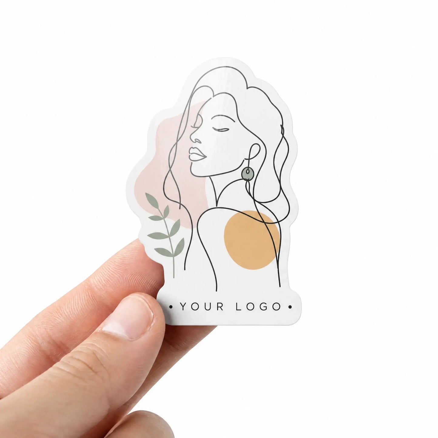 A minimalist line art custom die-cut vinyl sticker with a glossy coating held against a white background
