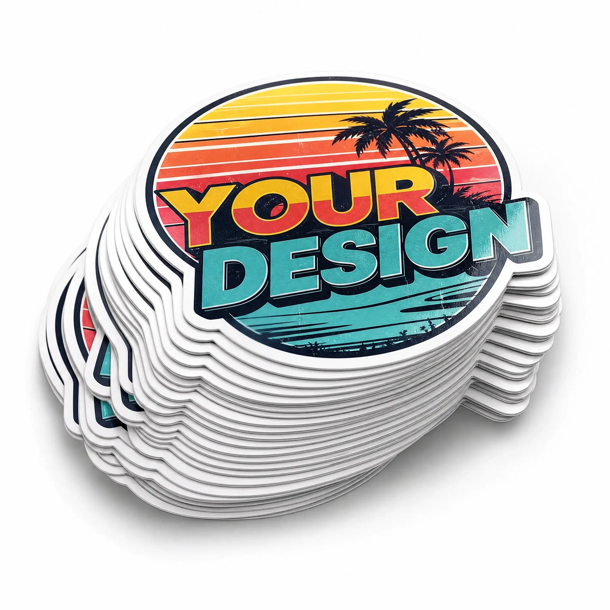 A fan-stacked pile of identical custom die-cut vinyl stickers showcasing high-quality batch printing and edge sharpness