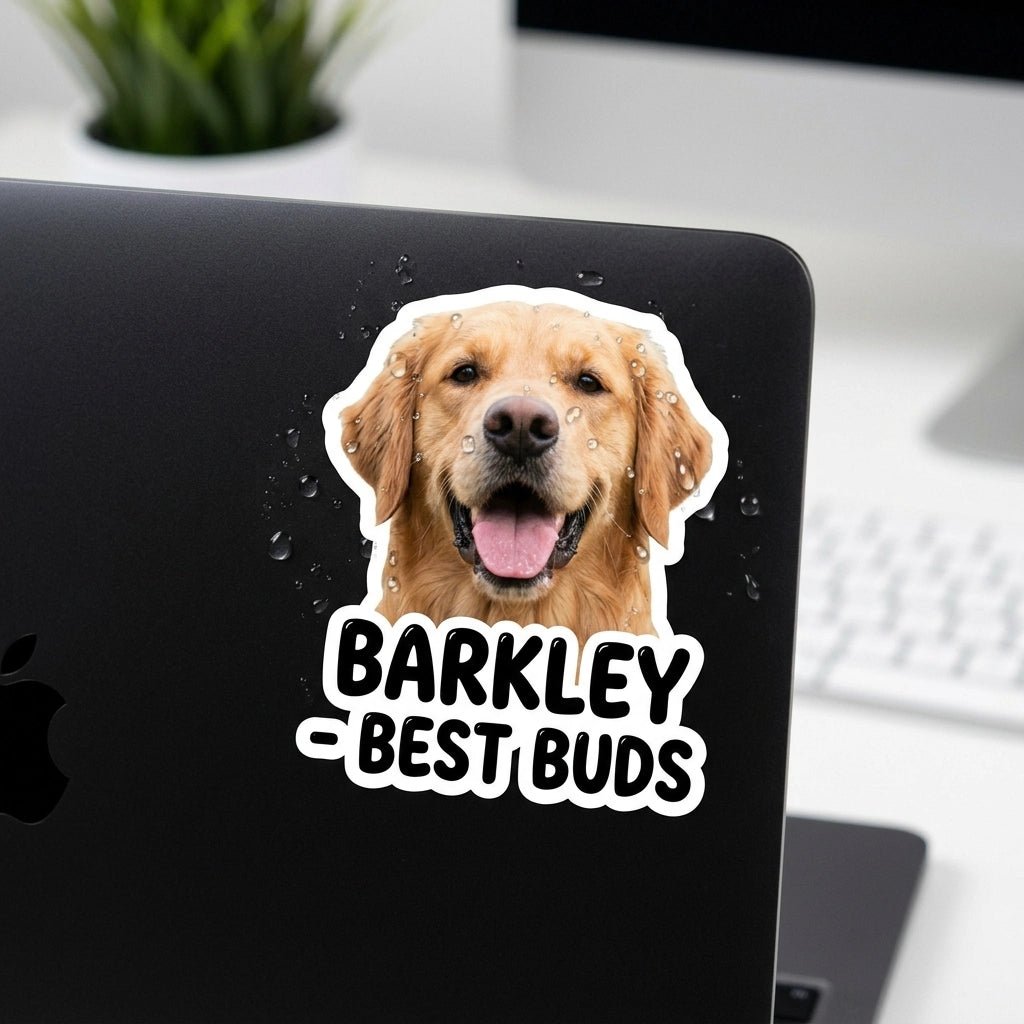 Waterproof die-cut photo sticker of a golden retriever with 'BARKLEY' text on a laptop lid, featuring a glossy UV protected vinyl finish