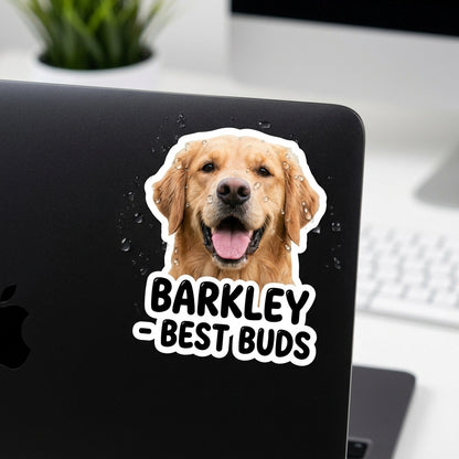 Waterproof die-cut photo sticker of a golden retriever with 'BARKLEY' text on a laptop lid, featuring a glossy UV protected vinyl finish