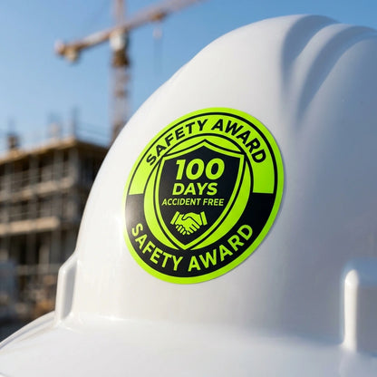 Reflective matte vinyl safety award sticker on a white construction helmet celebrating '100 DAYS ACCIDENT FREE'