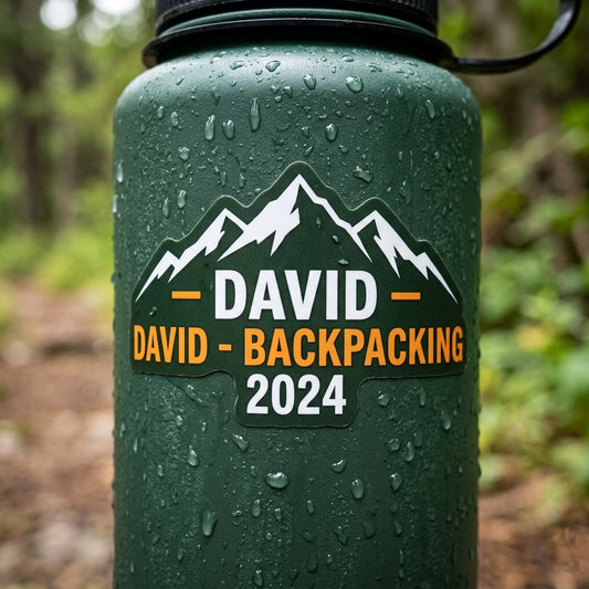 Durable custom name decal with 'DAVID' on a green water bottle with water droplets, highlighting the waterproof and weather-resistant vinyl quality.