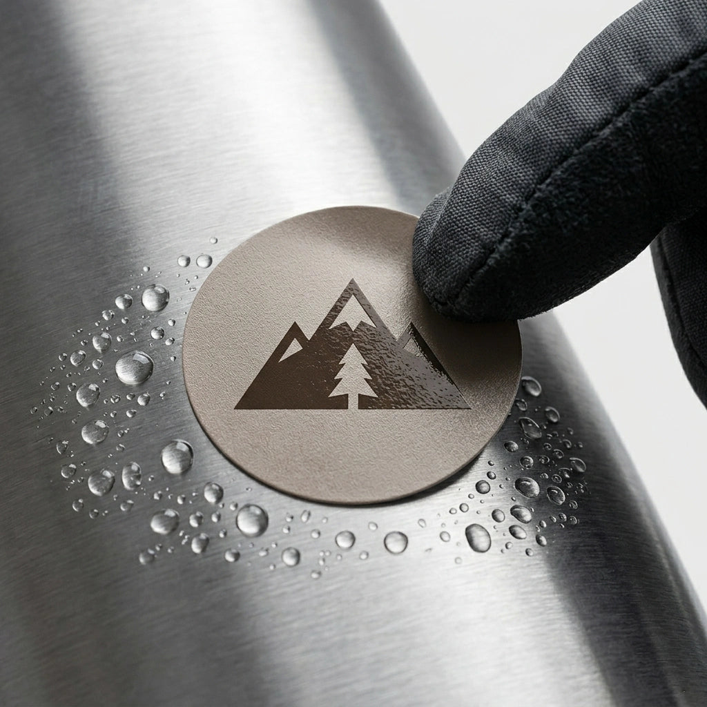 A close-up view of a durable, spot-gloss finished vinyl circle decal with a mountain peak logo. Water droplets are beading on the surface of the sticker which is applied to a brushed metal water bottle.